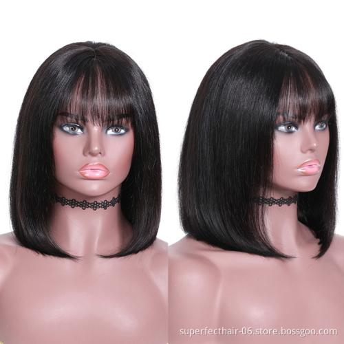 Short Straight Bob Wigs With Bangs For Black Women cuticle aligned virgin hair Natural Black Color human hair wig with bangs